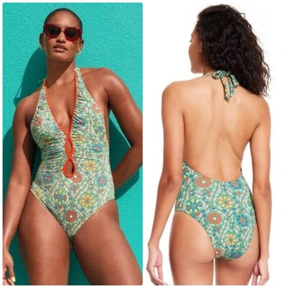 Rhode x Target Zinnia Floral Print Halter High Leg Cheeky Swimsuit - Picture 1 of 8